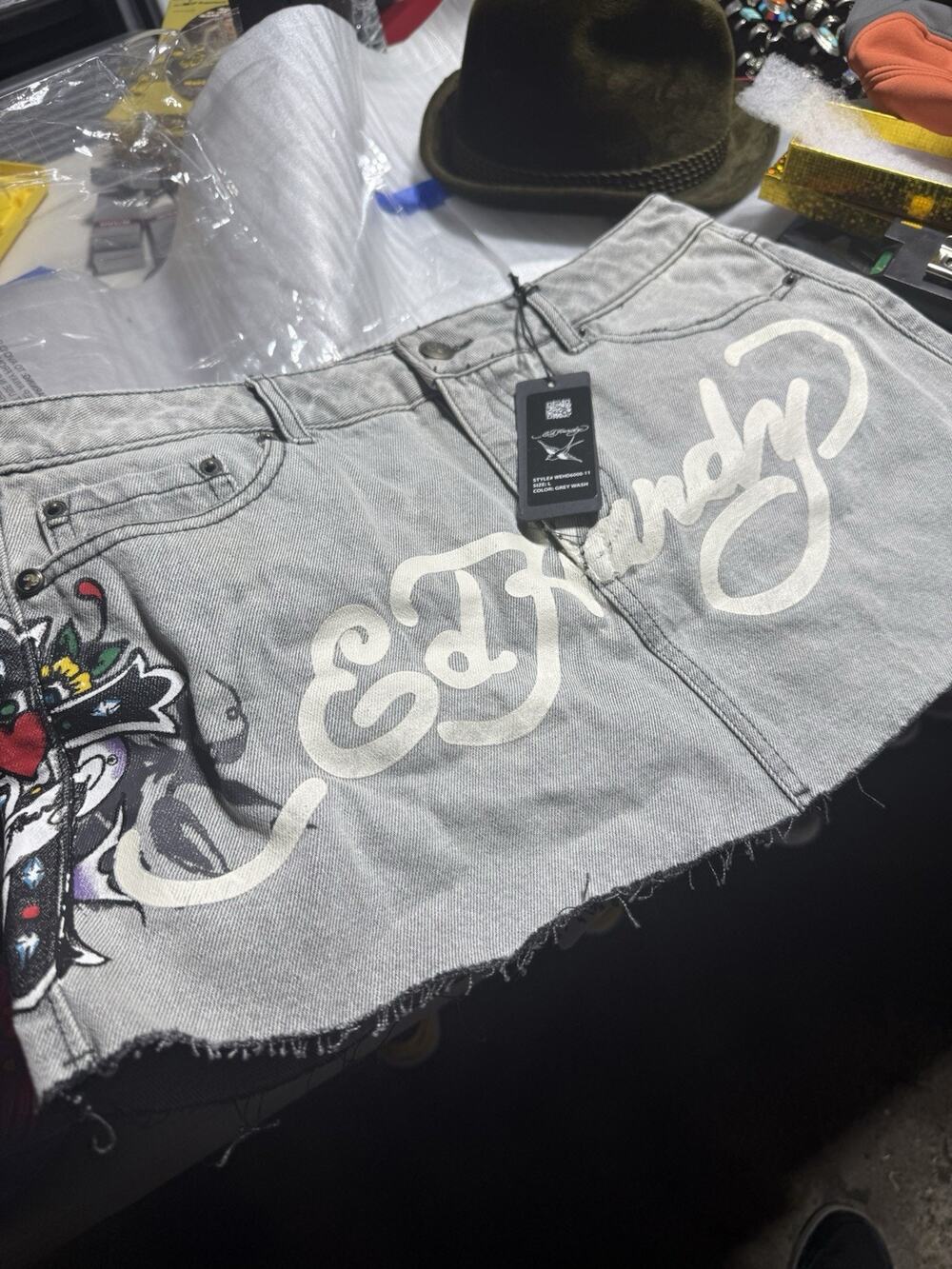 Ed Hardy Women Ed Hardy Cross Gray Denim Mini Skirt Large Brand NEW Tags